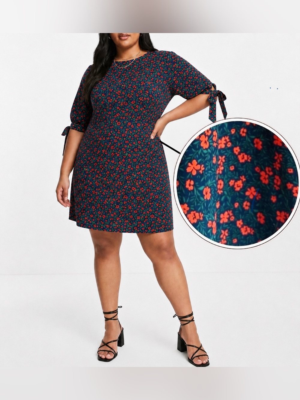 ASOS Curve Fashion Union Mini Tea Dress with Tie Sleeve - Ditsy Floral Print Red